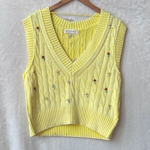 NEW Size XS Free People Plumeria Floral Cable Knit Yellow Vest Seeking Sunshine